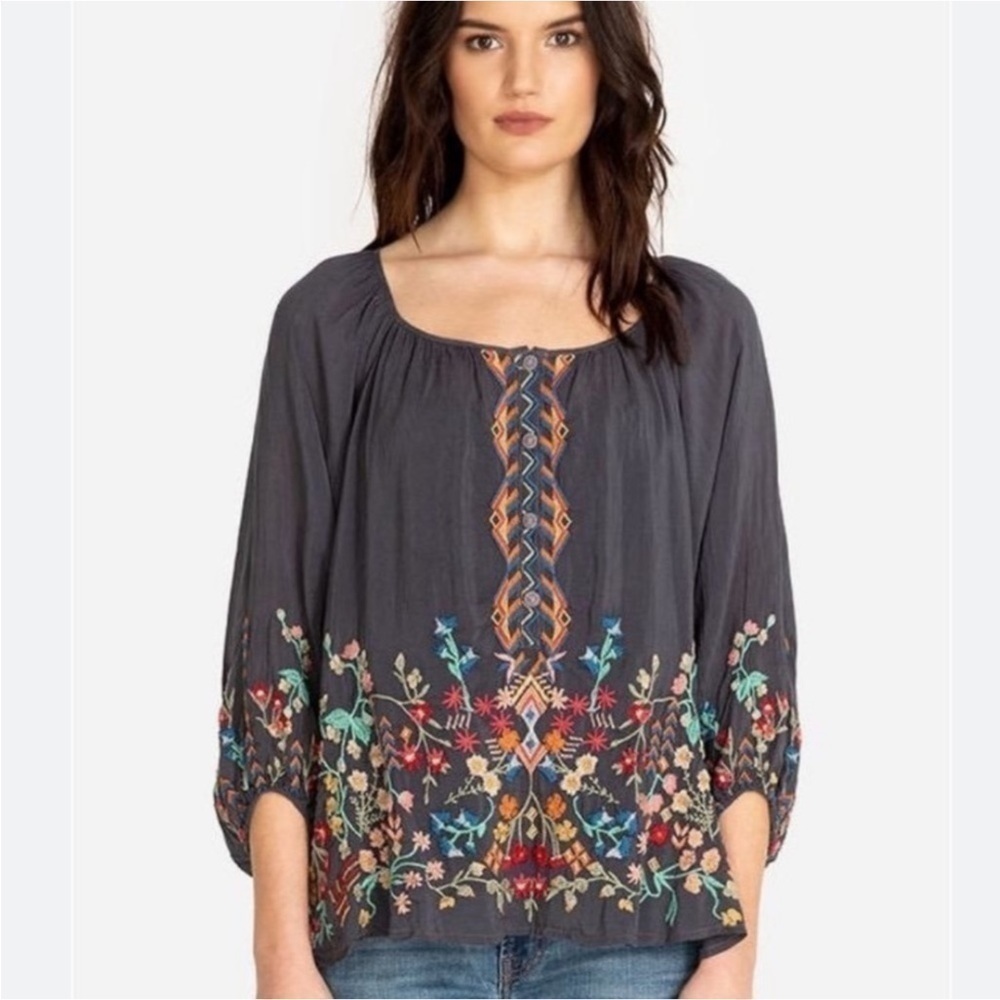 Johnny Was Sarah Embroidered Grey Blue Georgette Blouse Top Sz XS